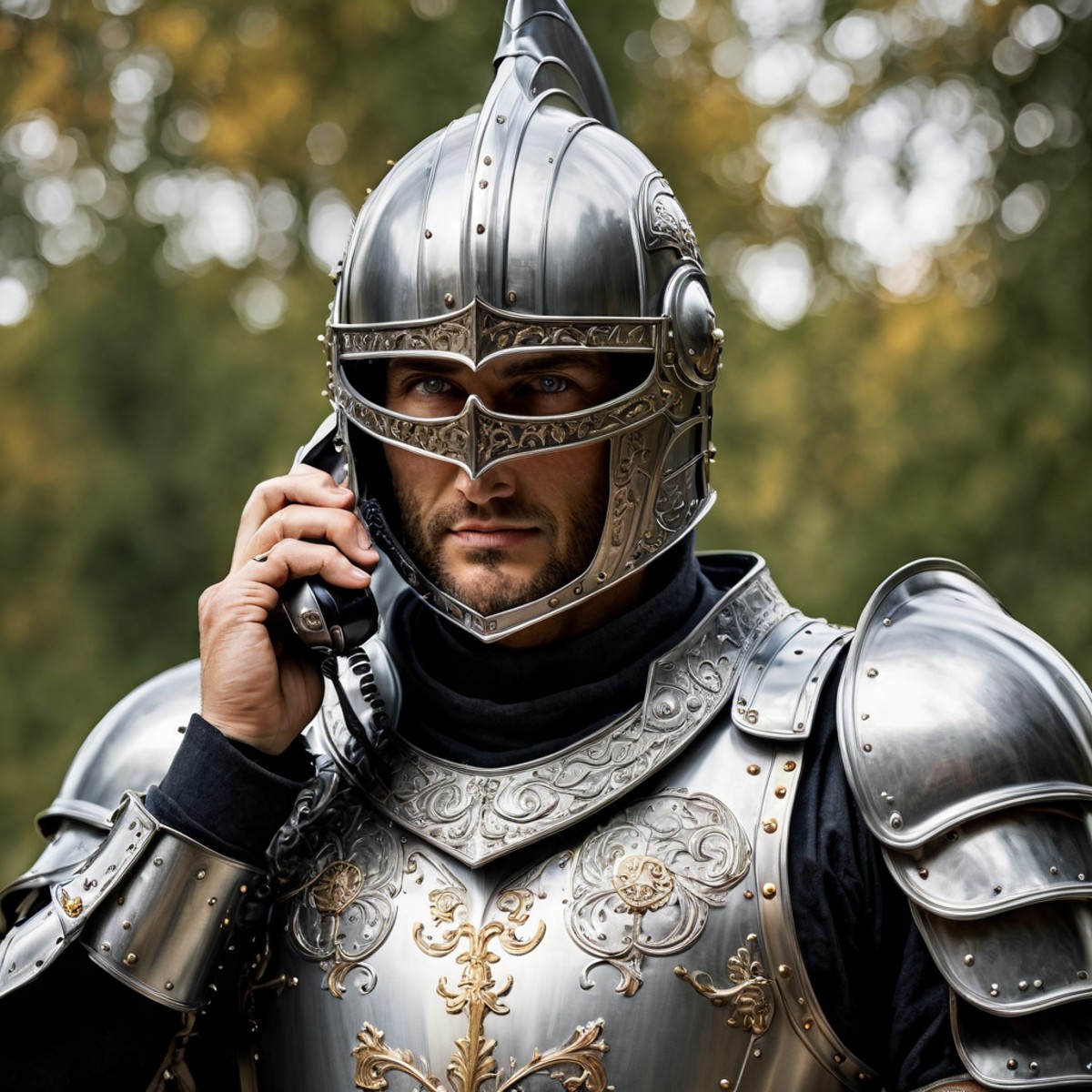 pne, Close up photo of a knight wearing armor and helmet, talking on the phone, , HD, masterpiece, best quality, ultra det...