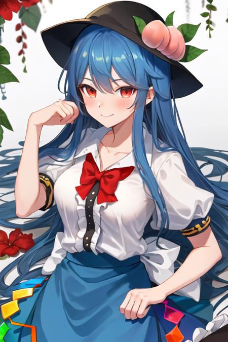 best quality, masterpiece, highres, solo, {hinanawi_tenshi_touhou:1.15}, blue_hair, long_hair, red_eyes, peach, food, fruit, hat, blush, black_headwear, bow, leaf, hair_between_eyes, 1girl, flower, hair_flower, hair_ornament, hibiscus, looking_at_viewer, shirt, white_shirt, closed_mouth, collarbone, red_flower, short_sleeves, smile, bangs, blue_skirt, breasts, large_breasts, lying, sidelocks, skirt