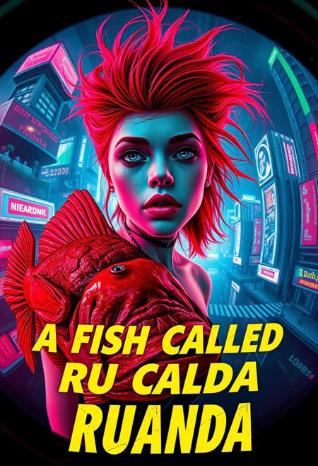 “A bold and vibrant futuristic book cover for a novel titled A Fish Called Ruanda. The artwork captures the essence of a B-movie thriller with a quirky, girly twist. The scene is viewed through the distortion of a fish-eye 12mm cinema prime lens, emphasizing a surreal, exaggerated perspective. The central focus is a glamorous but eerie young woman with wild, unkempt red hair, set against a neon-soaked, dystopian cityscape. A decrepit, rotting fish floats ominously nearby, symbolizing the novel’s ‘very rotten climax.’ The subtitle is prominently displayed in Polish, adding a unique cultural flair. The design is gritty yet chic, blending retro-futurism with a touch of campy humor, evoking intrigue and trendsetting vibes.”