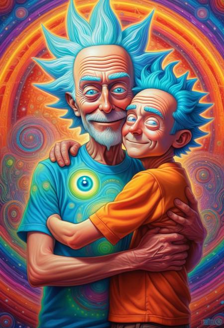 A vividly colored psychedelic inspired portrait of Rick Sanchez lovingly embracing his grandson Morty, in the style of Alex Grey's visionary art.