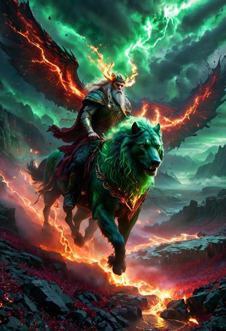 Masterpiece, absurdres, 8K UHD, hyperrealistic, ultra-detailed, cinematic drama, intricate textures, extreme close-up, commanding presence, mythic grandeur, sharp focus, dramatic contrast, ethereal glow. 1male, 
Odin rides atop Fenrir, storming through a battlefield bathed in emerald and ruby light. The sky churns in shifting green hues, with streaks of crimson lightning splitting the heavens, illuminating the surreal landscape below. The hills ripple with emerald grass, pulsing with an eerie glow, while distant rivers of molten ruby carve through the land like veins of ancient fire. His armor radiates gilded runes, shifting between shimmering emerald and deep ruby tones, as if forged from the essence of prophecy itself. Swirling golden smoke magic lingers in the air, wrapping around Odin’s spear like liquid fire, igniting the mist beneath Fenrir’s thunderous steps. The world bends under their charge—an apocalyptic fusion of emerald brilliance and ruby fury, a scene of divine judgment, untouched by mortal time,
Photorealistic, cinematic lighting, volumetric mist, hyper-detailed environment, Nordic ruins crumbling into celestial dust. 
cinematic textures, immersive depth, bold composition, striking realism, controlled chaos, divine terror