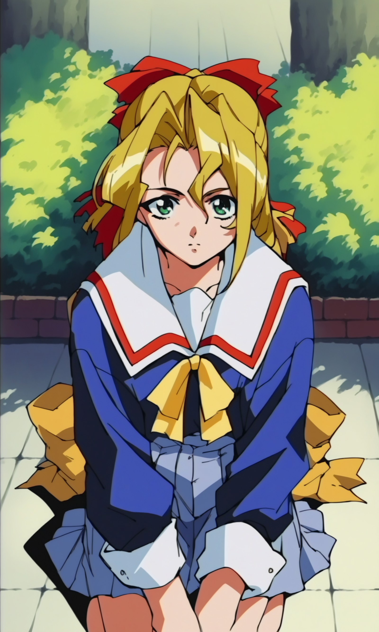 (score_9,score_8_up,score_7_up),source_anime,
1990s anime,1girl,yellow hair bows,school uniform,kneeling,looking at viewer...