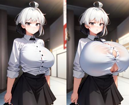 masterpiece, best quality, 1girl ,ahoge, white hair, short hair, black eyes, white shirt, buttoned shirt, black skirt, short skirt, (breast expansion:1.1), huge breasts, <lora:breast_expansion-5:0.9>