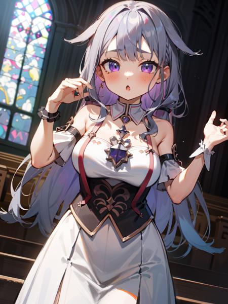 koseki_bijou, hololive, 1girl, solo,
silver_hair, long_hair, purple_eyes, 
cute, short, medium_breasts,
looking_at_viewer, :o, 
wide_shot, wide_hips, white_dress,
church,