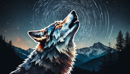 surreal double exposure portrait of a beautiful howling wolve in dark mountain forest scenery against star trail starry night, by Dave White, Conrad Roset, Brandon Kidwell, Andreas Lie, Dan Mountford, Agnes Cecile, triadic colours, thick opaque strokes, accurate depth of field, hyper detailed, whimsical, dynamic, dreamy masterwork