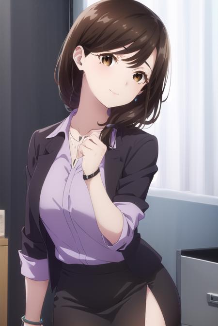 airigotou, <lora:airi gotou s1-lora-nochekaiser:1>,
airi gotou, long hair, brown hair, (brown eyes:1.5), braid, mole, mole under eye, hair over shoulder, mature female, smile,
BREAK skirt, shirt, jewelry, jacket, pantyhose, black skirt, necklace, black footwear, high heels, bracelet, black jacket, side slit, pencil skirt, purple shirt, office lady,
BREAK indoors, office,
BREAK looking at viewer, (cowboy shot:1.5),
BREAK <lyco:GoodHands-beta2:1>, (masterpiece:1.2), best quality, high resolution, unity 8k wallpaper, (illustration:0.8), (beautiful detailed eyes:1.6), extremely detailed face, perfect lighting, extremely detailed CG, (perfect hands, perfect anatomy),