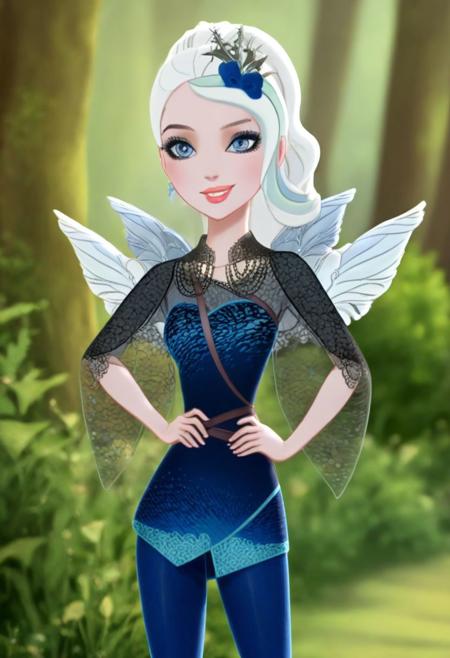 Expressiveh, (Masterpiece, best quality:1.5), score_9, score_9_up, solo, , soft shading, strong lighting,  (anatomically correct),  best high quality, high res,  jewelry, cute, beautiful, (ultra realistic,32k, masterpiece:1.2),(high detailed skin:1.1),( high quality:1.1,  blue eyes, (looking at viewer, portrait:1.1), <lora:add_detail:0.95>, (moody lighting:1.1), sexy, 1girl, 25 years old, full body visible, irl, realistic style,  smiling, jewelry, necklace, clothes, seductive pose, seductive look, outdoors, posing,   face focus,  outdoors, mix4, faybelle, lace fairy wings, white hair, grey skin, ponytail, BadDream, lace clothes, dark blue top, blue pants