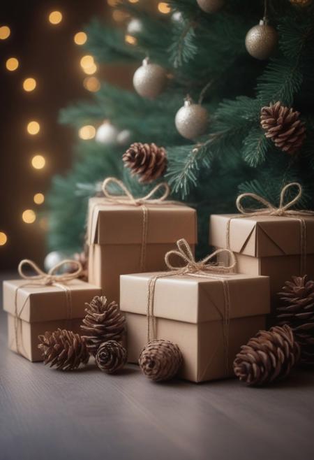 christmas and new year background - gift boxes and pine cones and branches on the background of bokeh garlands, 
Mysterious