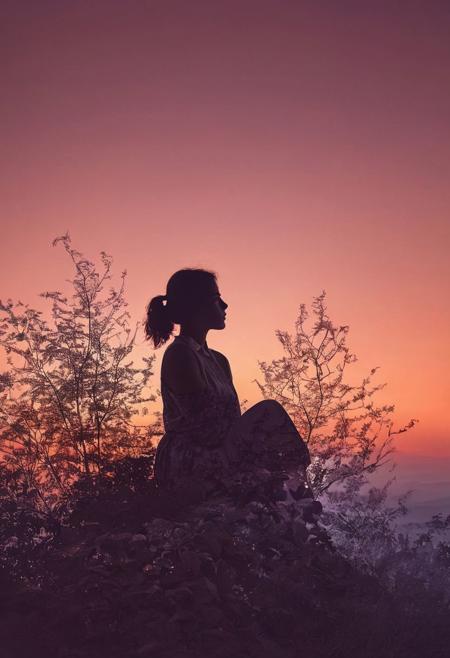 Highly conceptual digital art, 
beautiful double exposure, 
combining the silhouette of a young girl in the twilight tranquility, 
capturing the calmness of the soft gradients, 
serene landscapes transitioning from day to night, 
monochromatic background, 
perfect composition, 
sharp focus, 
perfect still life photography, 
highly detailed masterpiece, 
vibrant colors, 
by Kingshuk's craziness, 
intricate portrait, 
dynamic high resolution, 
award winning UHD photoshoot