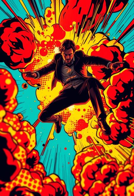 An extreme macro close-up of a Mission Impossible scene in Pop Art style: The protagonist leaps through vibrant, comic-style explosions in bright primary colors and halftone patterns. Contrasting chiaroscuro lighting, small subject detail, strong contrasts, deep shadows.