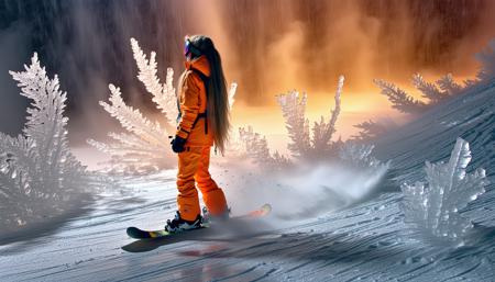 Panorama, long-haired brunette on a snowboard, alabaster skin broken by crystalline strands of sugar, swirling ink-coloured chaos, orange ski suit against liquid shine.
Mist clings to her silhouette, creating the most amazing surreal patterns that look like something from another planet!