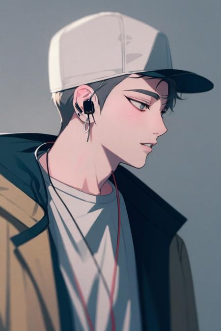 masterpiece, best quality,  <lora:fstyle04-000005:1>,fstyle04, 1boy, male focus, hat, solo, grey background, jacket, baseball cap, hood, simple background, ring, grey hair, earphones, jewelry, shirt, upper body, profile, long sleeves, grey jacket, earbuds, open clothes, parted lips, hooded jacket, short hair, clothes writing, open jacket, alternate costume, hoodie, grey eyes, white shirt, brown jacket, grey shirt