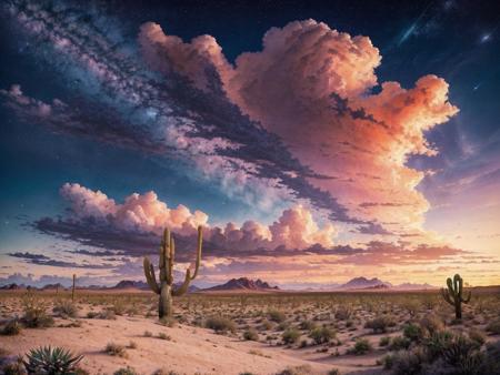 [professional::0.3][intricate:0.3:0.7][digital:0.7]-photography, fantasy concept art, photograph of sky,cactus,cloud,scenery,outdoors,desert,sunset,star \(sky\),flower,starry sky,cloudy sky,no humans,twilight,nature,wind,masterpiece,best quality,very aesthetic,absurdres <lora:StarryMountainWildernessV1.0:0.7>, <lora:add_detail:1>, magnificent, painterly, epic, majestic, fantasy art, cover art, picture-perfect