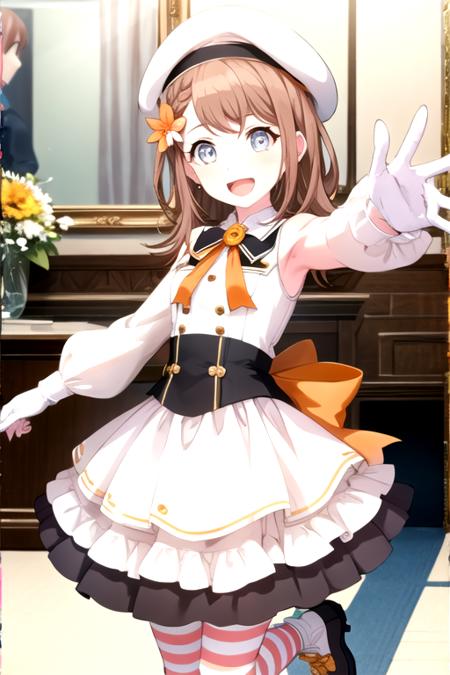 <lora:Minori3rd-05:0.9>, minori3rd, smile, open mouth, multiple girls, shirt, gloves, long sleeves, hat, dress, bow, ribbon, 2girls, bare shoulders, jewelry, full body, :d, heart, pantyhose, small breasts, boots, frills, shoes, sleeveless, striped, shiny, collared shirt, pants, indoors, white gloves, star (symbol), white dress, shiny hair, flat chest, fingernails, gradient, bare arms, eyelashes, neck ribbon, buttons, sleeveless dress, shadow, holding hands, beret, white headwear, short dress, floral print, happy, white footwear, frilled dress, outstretched arms, aged down, white bow, wing collar, blue ribbon, curtains, light particles, vertical stripes, tareme, yellow bow, dual persona, reflection, light blush, gold trim, pajamas, wide-eyed, mirror, orange bow, dot nose, collared dress, ankle boots, back bow, star print, striped background, striped dress, picture frame, striped ribbon, clover, waist bow, orange ribbon, four-leaf clover, toothbrush, clover hair ornament, clover print, footwear ribbon, two-tone bow