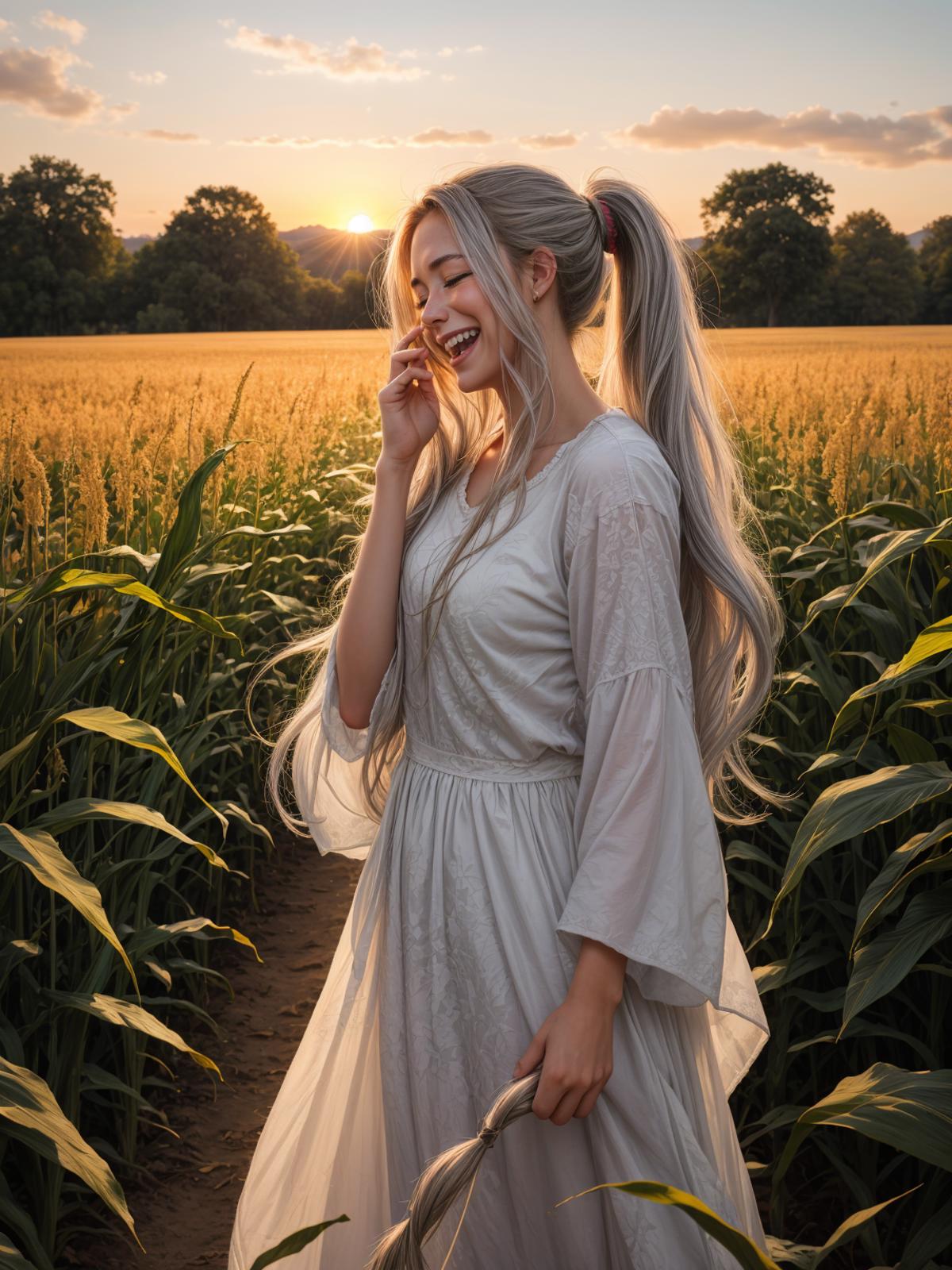 Woman in a white dress wearing silver pigtails and laughing while holding a cell phone.
