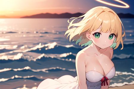 masterpiece, best quality, cute, anime screencap, 
medium hair, blonde hair, green eyes, blunt bangs, dress, gigantic breasts, cleavage, strapless, halo, 
blurry background, beach, sunset, depth of field, close-up, wind,