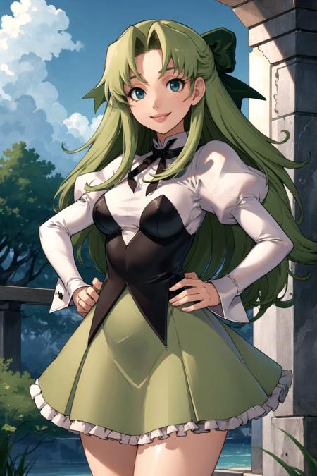 Fia_(riviera), 1girl, bow, dress, frills, green_dress, long_hair, long_sleeves, puffy_sleeves, solo, very_long_hair, frilled_dress, <lora:RtPL-Fia-09:1.0>, smile, hands_on_hips,, beautiful, (masterpiece:1.2), (best quality:1.2), perfect eyes, perfect face,<lora:perfectfingers:1.0>