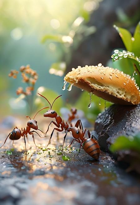 Masterpiece, 32k, 8k, dynamic, (ultra high res:1.4), (masterpiece:1.4), (beautiful lighting:1.4) A group of ants carry a piece of bread  on a table, macro photography, with a bokeh effect and dusts drops, against a fantasy background. Pastel colors create a beautiful nature scene in this digital art. High resolution reveals highly detailed, intricate features of the active ants. The mood is happy, joyful, and vibrant with soft lighting and a dreamy atmosphere. Morning dew adds to the magical feel of this whimsical style fantasy image.