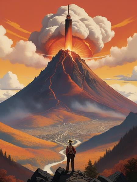 <lora:04Vintageillustration_Hap_XL:3.3>,Norman Rockwell style cinematic, movie poster, flat colors, warm colors, SauronsTower, eye focus, big eye, cloud, cloudy sky, mountain range, volcano,