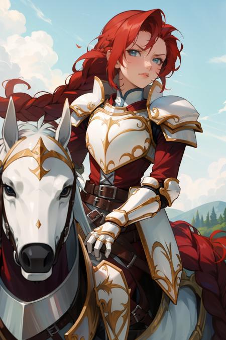 titania braided ponytail, armor, red dress, belt, gauntlets, gloves, armored boots