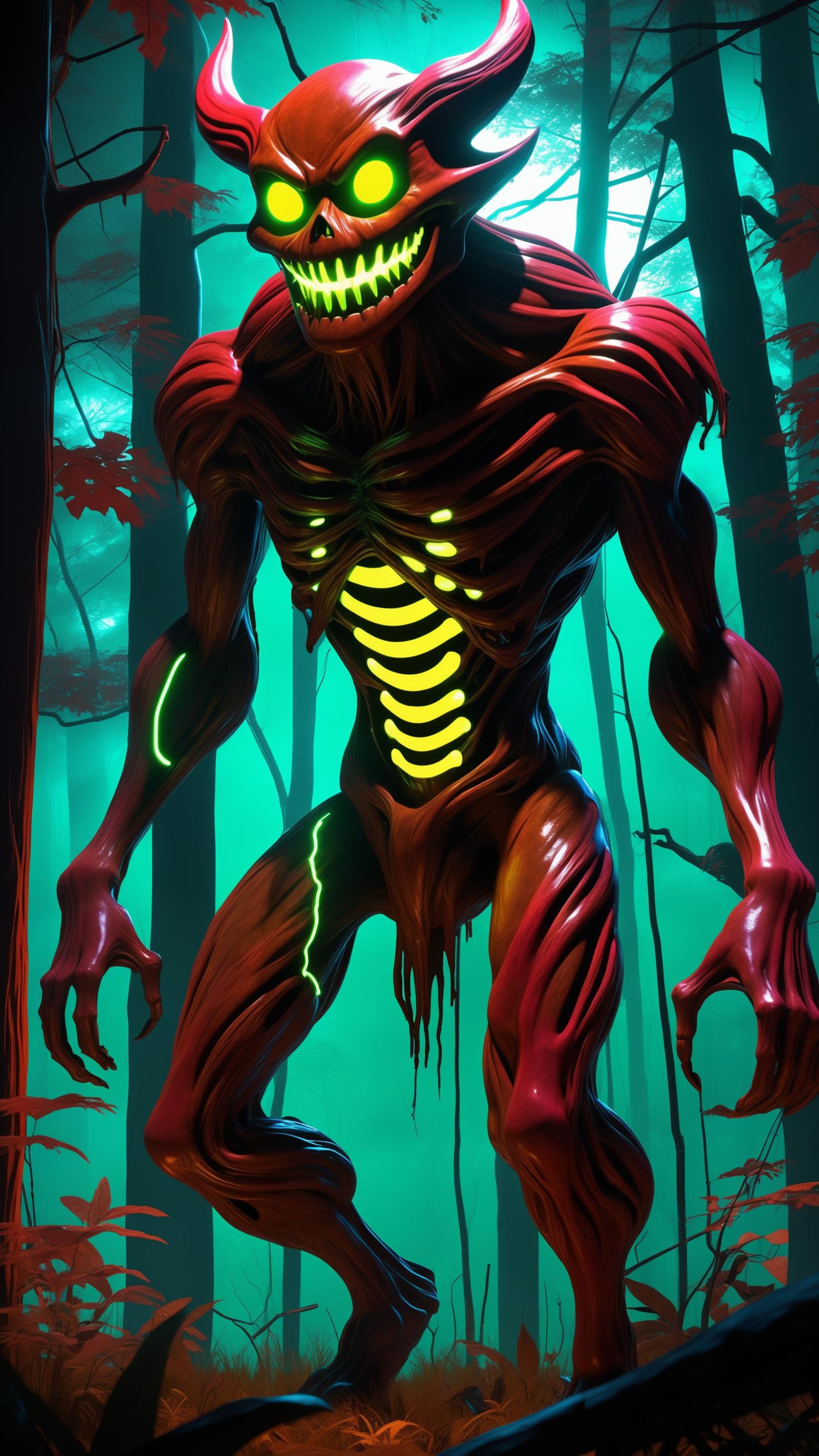 A computer generated image of a monster with glowing yellow veins in a dark forest.