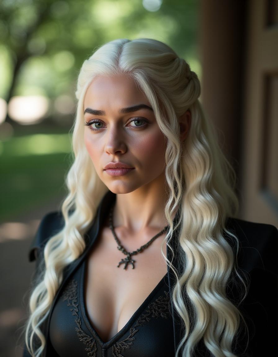 <lora:GOTemiliaClarkeQuiron_FLUX:1.7> GOTemiliaclarkeQuiron, a woman with white hair, Emilia clarke as Daenerys targaryen in hbo's 'game of thrones',   Face-time or call friends and family.  at Salem Witch Trials Site