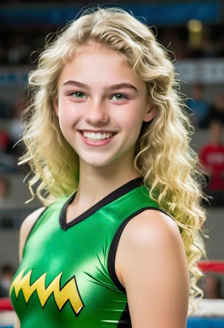 Realistic photo of a beautiful 18 year old Belgium, slim with a very cute face, long blonde hair, sparkling black and green lycra, lycra shorts, slight smile, wavy hair, smiling, wrestling arena, realistic, photo r3al, more detail XL, inst4 style