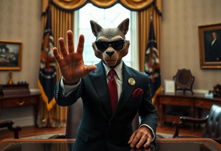 dr claw in sharp suit inside the oval office, real photograph, inspector gadget style, photorealistic, correct hands, correct fingers, presidential seal, vote button, campaign photo, election, elegant scene, cobra insignia