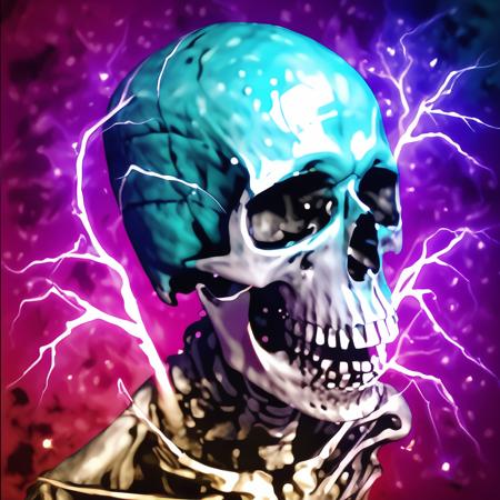 skull close-up, gradient background from black to azure, galaxy, leaf fading, red mist, celestial lightning, purple fog
