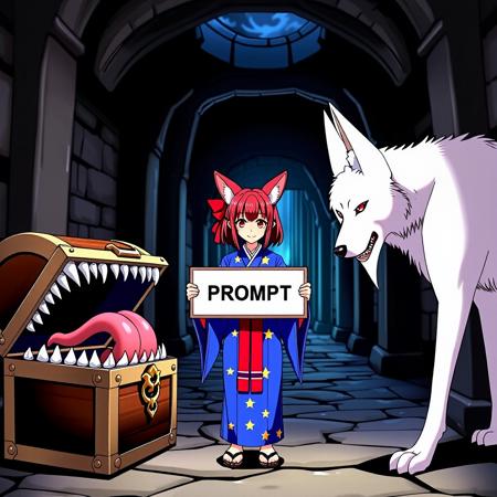 Clip_L
anime girl, red fox ears, holding sign that says "PROMPT", wearing blue kimono with gold stars, with red ribbon in hair, in center of image, on right of image a large white wolf, on left of image a fantasy monster mimic, open treasure chest with teeth on lid and teeth and tongue inside, background stone hallway, crumbling ruins, eerie lighting
T5xxl
An anime girl with red fox ears is holding a sign that says "PROMPT". She is wearing blue kimono with gold stars on it. She has a red ribbon in her hair. She is standing in the center of the image. On the right of the image is a large white wolf. On the left of the image is a treasure chest that is open, and around the rim of the chest's lid are razor sharp teeth. Inside the chest is a large tongue and more monster teeth. The chest is a mimic, a fantasy monster. In the background is a crumbling stonework hallway in an eerily lit dungeon.