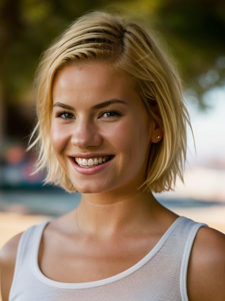 Realistic photo of a beautiful 3l1sh4c-v1 woman,  1girl, solo, looking at viewer, smile, short hair, blue eyes, blonde hair, simple background, bare shoulders, upper body, teeth, grin, lips, red background, realistic, soft lighting, professional Photography, Photorealistic, detailed, RAW, analog, sharp focus, 8k, HD, DSLR, high quality, Fujifilm XT3, film grain, award winning, masterpiece<lora:3l1sh4c-v1:1.0>