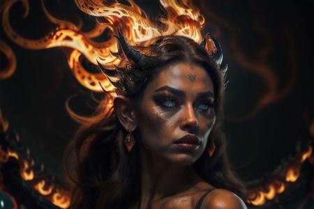 Black dragon with fiery breath, hyper realistic, scarlet eye, stand atop of mountains, thorny skins, full moon background, detailed, 4K, UHD, angry dragon, magical, RAW, dynamic poses, apocalyptic portrait of an evil black dragon, glowing scarlet eyes, detailed scales, twisted horns, volcanic eruption in the background