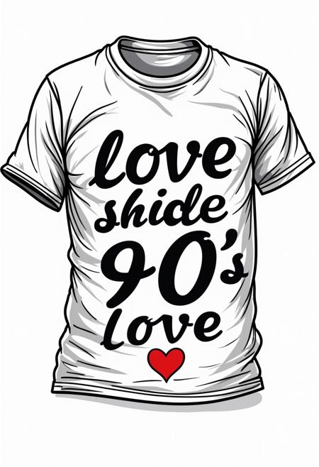 t-shirt design with a side view, using black ink on a white background.  text logo 'love 90's' with a heart symbol. ((Pac-Man, floppy disks, cassette tapes )), and CDs. Include a 'Back to the Future' theme with the DeLorean car.  (( the TV show 'Friends' ))   text say  ((90's  love))