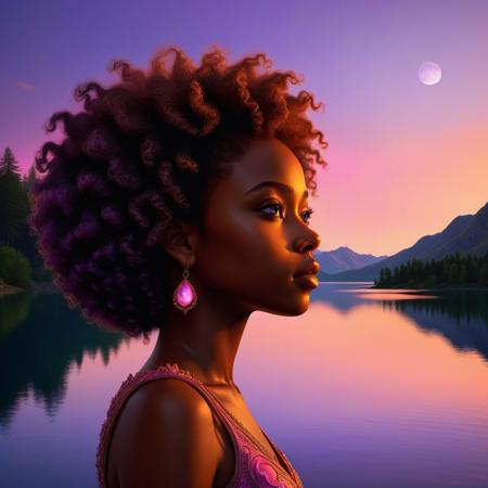 Ultra realistic color pencil  image of
Digital art of a young African princess with an afro, profile view, standing at the edge of the image near a serene lake at sunset. The sky is vibrant with hues of orange, pink, and purple, reflecting on the calm water. The background includes distant trees and silhouettes of mountains. The lighting highlights the contours of her face, emphasizing a thoughtful and peaceful expression.
BREAK
 Deep dark intense orange-brown misty background
Dark theme, dynamic lighting, (soft shadows), (soft focus), (photo realistic), uhd, 8k