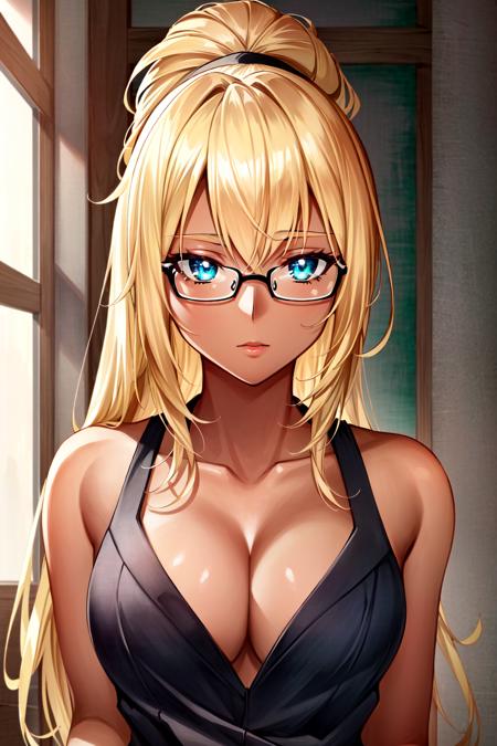 <lora:Ashe:0.4> Ashe, 1girl, solo, blonde hair, glasses, long hair, (formal dress), dark skin, dark-skinned female, aqua eyes, upper body, collarbone, ponytail, perfect lighting, ((shining face, shining body)), perfect face, make up, eye shadow, ((gorgeous)), Extremely beautiful, perfect, (masterpiece:1.2), (best quality:1.2), cinematic, perfect skin, perfect lighting, textured skin, detail, beauty, overall, sharp focus, ultra-detailed, illustration, perfect face, ((gorgeous)), Extremely beautiful, perfect, detailed background, (detailed background, intricate background:1.1), beautiful, ((Extremely Detailed)), ((Best Quality)), ((Masterpiece)), ((4k)), ((Shonen Anime Style))