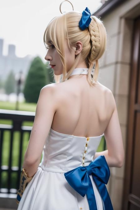 saber, artoria pendragon \(fate\), bailifu, strapless dress,  ahoge, bangs, hair bun, sidelocks, hair ribbon, hair ornament,