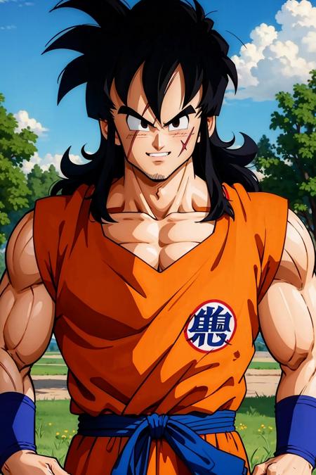 (8k, best quality, masterpiece:1.2),(upper body:1.2),yamcha, male focus, 1boy, black hair, solo, scar on face, smile, muscular male, spiked hair, black eyes, long hair, orange dougi,orange pants, blue sash, outdoors, blue wristband, looking at viewer, day, tree, blue sky, rocky grassfields,insignia,bangs