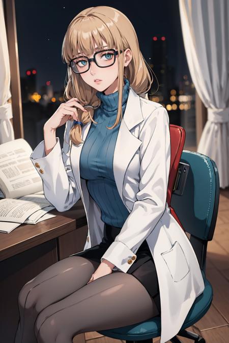 masterpiece, best quality,  <lora:oleana-nvwls-v1-000010:0.9> pastOleana, medium hair, blunt bangs, tied hair, hair over shoulder, glasses, labcoat, blue turtleneck sweater, black miniskirt, pantyhose, long sleeves, large breasts, sitting, desk, chair, dimly lit room, night, dark, looking at viewer, paperwork