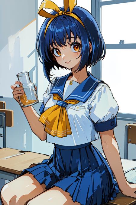 1girl, classroom, smile, sitting, flask, holding flask, 
asuka, orange eyes, short hair, blue hair, hair ribbon, school uniform, serafuku,  sailor collar, short sleeves, yellow bow, blue skirt, pleated skirt, <lora:Honda_Asuka_lora_ver1:0.8>, best quality, masterpiece, highres, <lora:GoodHands-vanilla:1>