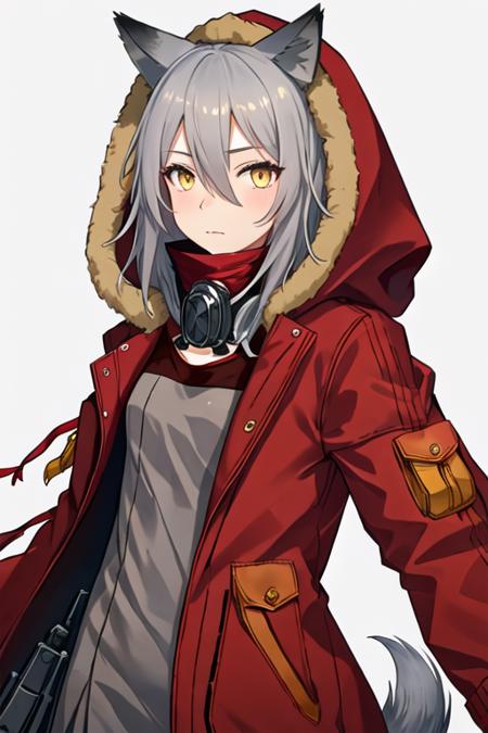 best quality, masterpiece, highres, solo, {projekt_red_arknights:1.15}, animal_ears, wolf_ears, grey_hair, hair_between_eyes, wolf_girl, yellow_eyes, bangs, long_hair, upper_body, 1girl, fur-trimmed_hood, fur_trim, hood, hood_up, hooded_jacket, jacket, looking_at_viewer, mask_around_neck, portrait, red_jacket, mask, simple_background, closed_mouth, white_background