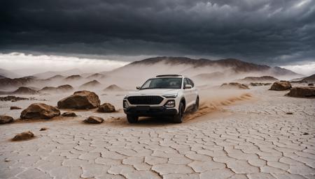 cinematic photo analog film photo scifi, front left view (white:1.2) evo car, stormy clouds, cinematic, mist, volumetric lights shiny, dusty sand new, dynamic view, (luna:0.5) desert landscape, detailed, rocks, drought . faded film, desaturated, 35mm photo, grainy, vignette, vintage, Kodachrome, Lomography, stained, highly detailed, found footage . 35mm photograph, film, bokeh, professional, 4k, highly detailed