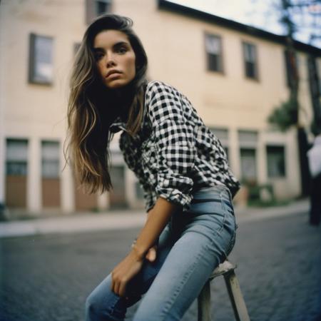 <lora:cindymello_xl_lora:1> cindymello analog film photo close up, beautiful woman posing, ripped jeans and checkered shirt, cute look, perfect eyes, faded film, desaturated, 35mm photo, grainy, vignette, vintage, Kodachrome, Lomography, stained, highly detailed, found footage, f1.2 50mm