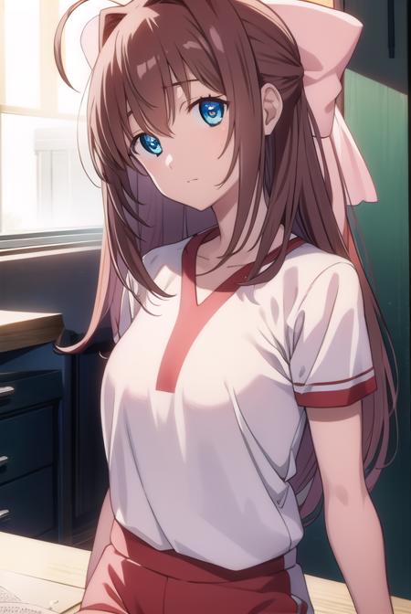 otomeasakura, <lyco:otomeasakura-lyco-nochekaiser:1>,
otome asakura, long hair, brown hair, bow, ahoge, hair bow, pink bow, blue eyes,
BREAK gym uniform, buruma, red buruma,
BREAK looking at viewer,
BREAK indoors, classroom,
BREAK <lyco:GoodHands-beta2:1>, (masterpiece:1.2), best quality, high resolution, unity 8k wallpaper, (illustration:0.8), (beautiful detailed eyes:1.6), extremely detailed face, perfect lighting, extremely detailed CG, (perfect hands, perfect anatomy),