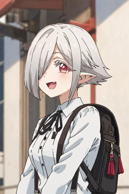 best quality, masterpiece, highres, solo, {perusepone2shi_jashinchandropkick:1.15}, short_hair, pointy_ears, hair_over_one_eye, grey_hair, red_eyes, white_hair, ribbon, smile, 1girl, :d, black_ribbon, closed_eyes, collared_shirt, neck_ribbon, open_mouth, shirt, upper_body, white_shirt, facing_viewer, fangs, vampire, backpack, bag, blurry, blurry_background, suspenders, bangs, buttons