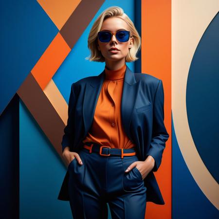 Ultra realistic color pencil  image of
a fashionable woman with short, stylish blonde hair, wearing oversized dark-brown sunglasses and an elegant  Cinch front top and loose slacks.. She stands confidently against a modern, geometric background with vibrant colors including orange, blue, and beige. The art style is sleek and contemporary, with a focus on bold lines and sharp contrasts, creating a chic and sophisticated atmosphere.
BREAK
Dark theme, dynamic lighting, (soft shadows), (soft focus), (photo realistic), uhd, 8k