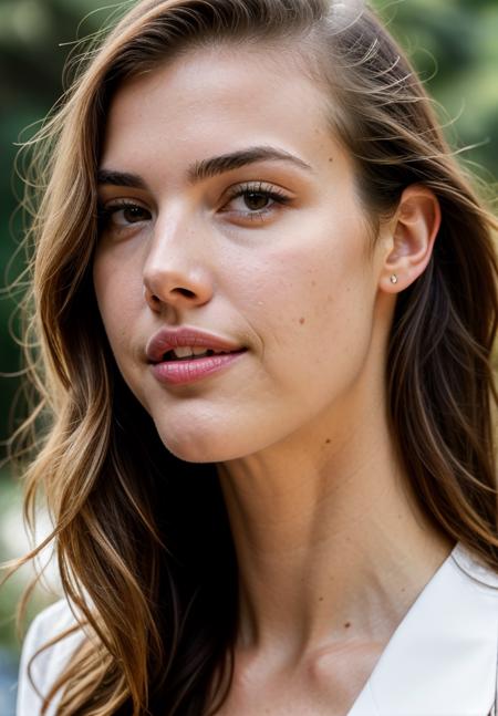 RAW close up portrait photo of alexandrabotez-ti, natural lighting, 8k uhd, dslr, high quality, film grain, Fujifilm XT3, by Ansel Adams, elegant dress, casual clothing, well dressed