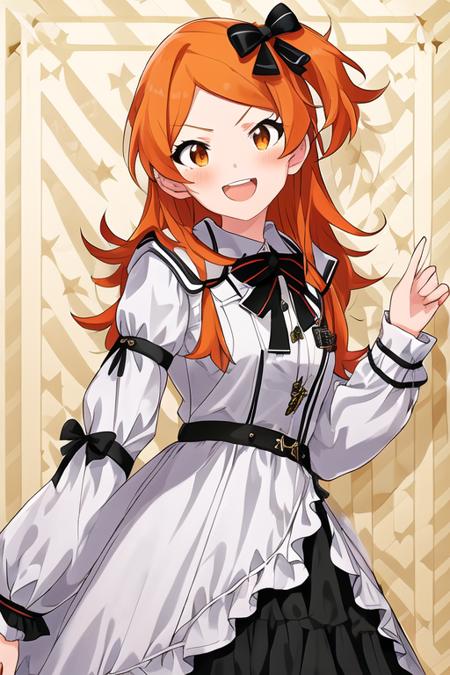 TAMAKI OGAMI,
Rarity SSR,
1girl, :d, black dress, blush, bow, brown eyes, buttons, contrapposto, cowboy shot, drawstring, dress, hand up, hood, hood down, hooded dress, long hair, long sleeves, looking at viewer, one side up, open mouth, orange hair, outline, parted bangs, short dress, sleeves past wrists, smile, solo, standing, teeth, two-tone background, two-tone dress, upper teeth only, v, waist bow, white background, white dress, white outline, yellow background, one side up
<lora:mirishita-v1.0:1>