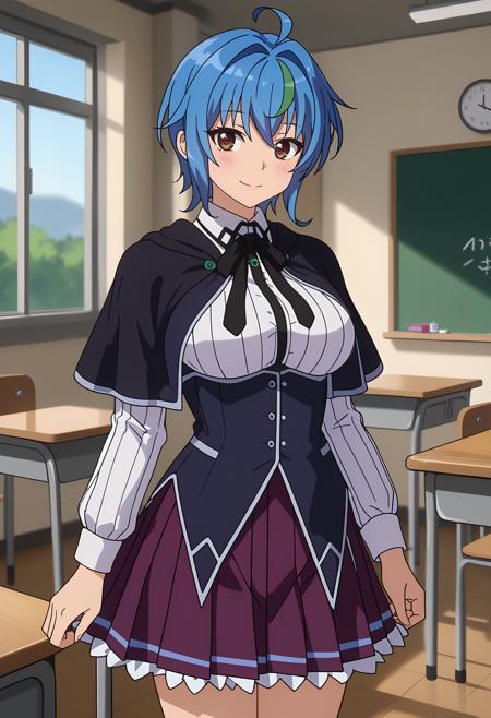 short hair, streaked hair, blue hair, green hair, brown eyes, ahoge XenoviaSchool, black capelet, striped shirt, white shirt, neck ribbon, black ribbon, long sleeves, black corset, buttons, pleated skirt, frilled skirt, purple skirt XenoviaBodysuit, black bodysuit, short sleeves, elbow gloves, black belt, arm belt, black thighhighs