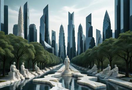liquid marble aesthetic 
ancient statue
marble building
cityscape
city
geometric skyscrapers
landscape
rivers
skyscrapers
trees
mega skyscrapers