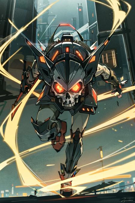 A cyborg assassin, with glowing red eyes, (neon cityscape:1.1) in the background, (metallic silver:1.2) color scheme, intricate circuitry detailing, (Death:1.25) archetype